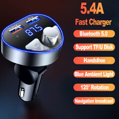 Bluetooth 5.0 FM Transmitter Car Handsfree Call Mp3 Player 4.8A/5.4A Dual USB Charger U Disk / TF Card Lossless Music Play