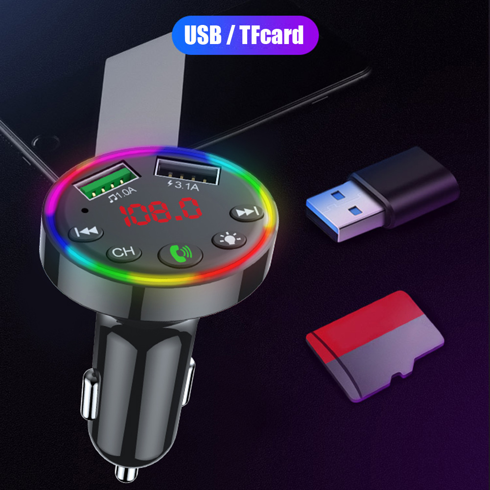 Colorful LED light Bluetooth 5.0 FM Transmitter Backlit HandsFree Call MP3 Player Dual USB Charger Wireless FM Radio Adapter Car