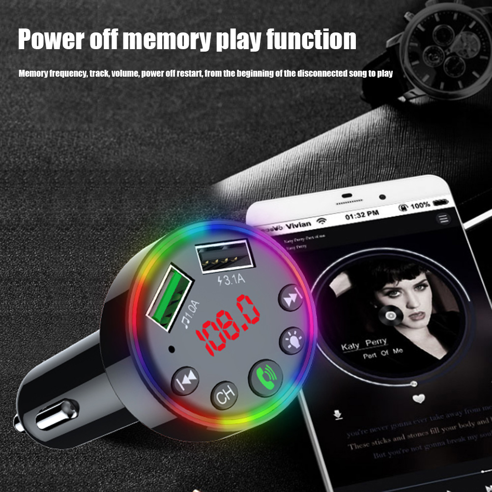 Colorful LED light Bluetooth 5.0 FM Transmitter Backlit HandsFree Call MP3 Player Dual USB Charger Wireless FM Radio Adapter Car