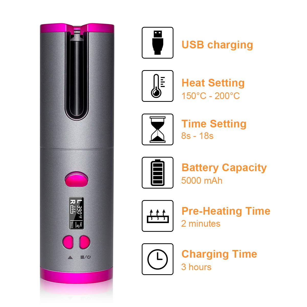 Cordless Automatic Rotating Hair Curler USB Rechargeable Curling Iron LCD Display Temperature Adjustable Hair Curler RollersTool