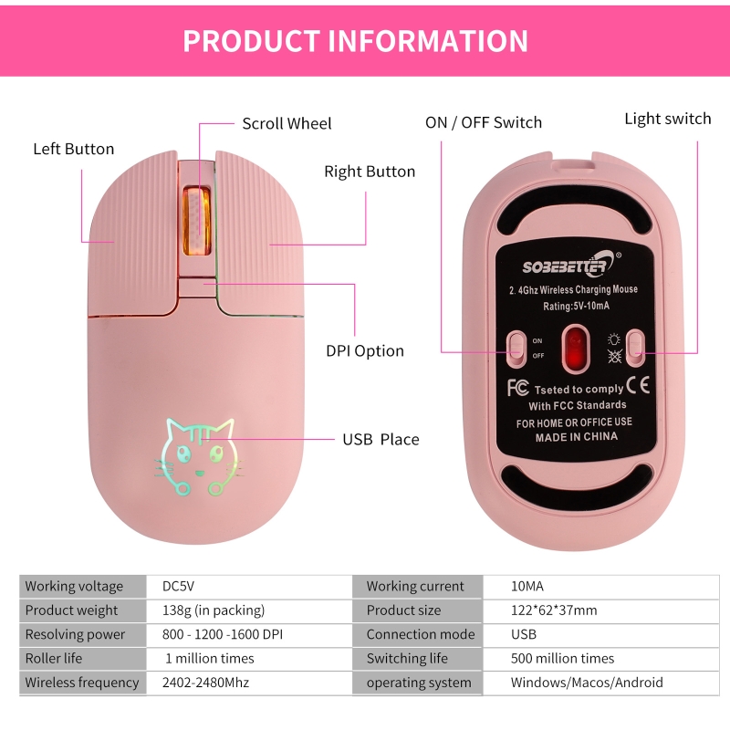 Portable Wireless Mouse Rechargeable 1600dpi Pink Cordless Mouse