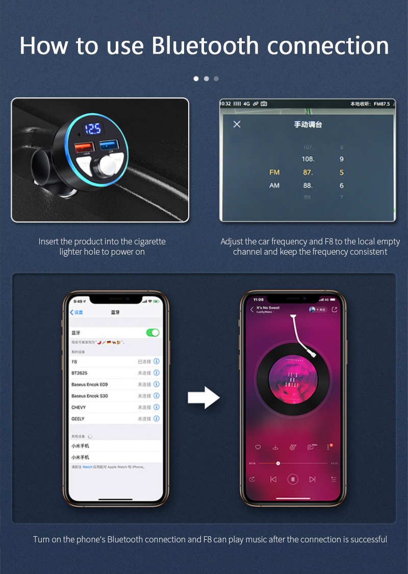 Car Charger Auto USB Cigarette Lighter Socket Bluetooth 5.0 FM Transmitter Handfree Support U Disk Music Play