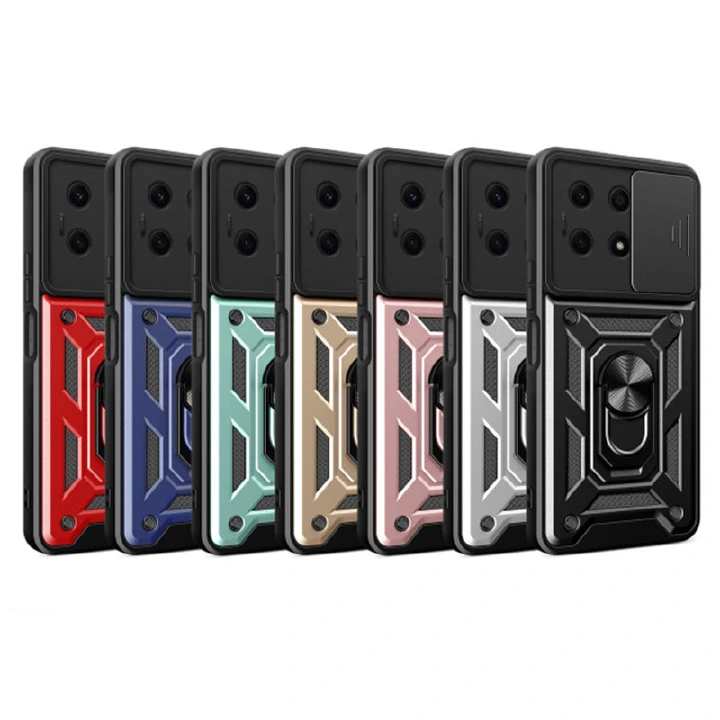 Luxury Slide Camera Lens Case For Xiaomi Redmi Note 13, 13 Pro, 13 Pro+/Plus, Kickstand Shockproof Cover