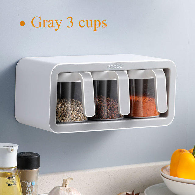 Wall-mounted Spice Rack Storage Box Sugar Bowl Salt Shaker Seasoning Container Spice Box with Spoon Kitchen Supplies Set