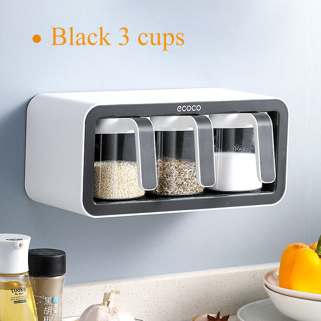 Wall-mounted Spice Rack Storage Box Sugar Bowl Salt Shaker Seasoning Container Spice Box with Spoon Kitchen Supplies Set