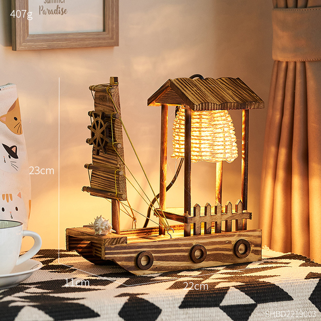 Wooden Sailboat Model Ornaments Creative Home Decoration Accessories Night Lamp Living Room Desktop Decor Bedroom Bedside Lamp