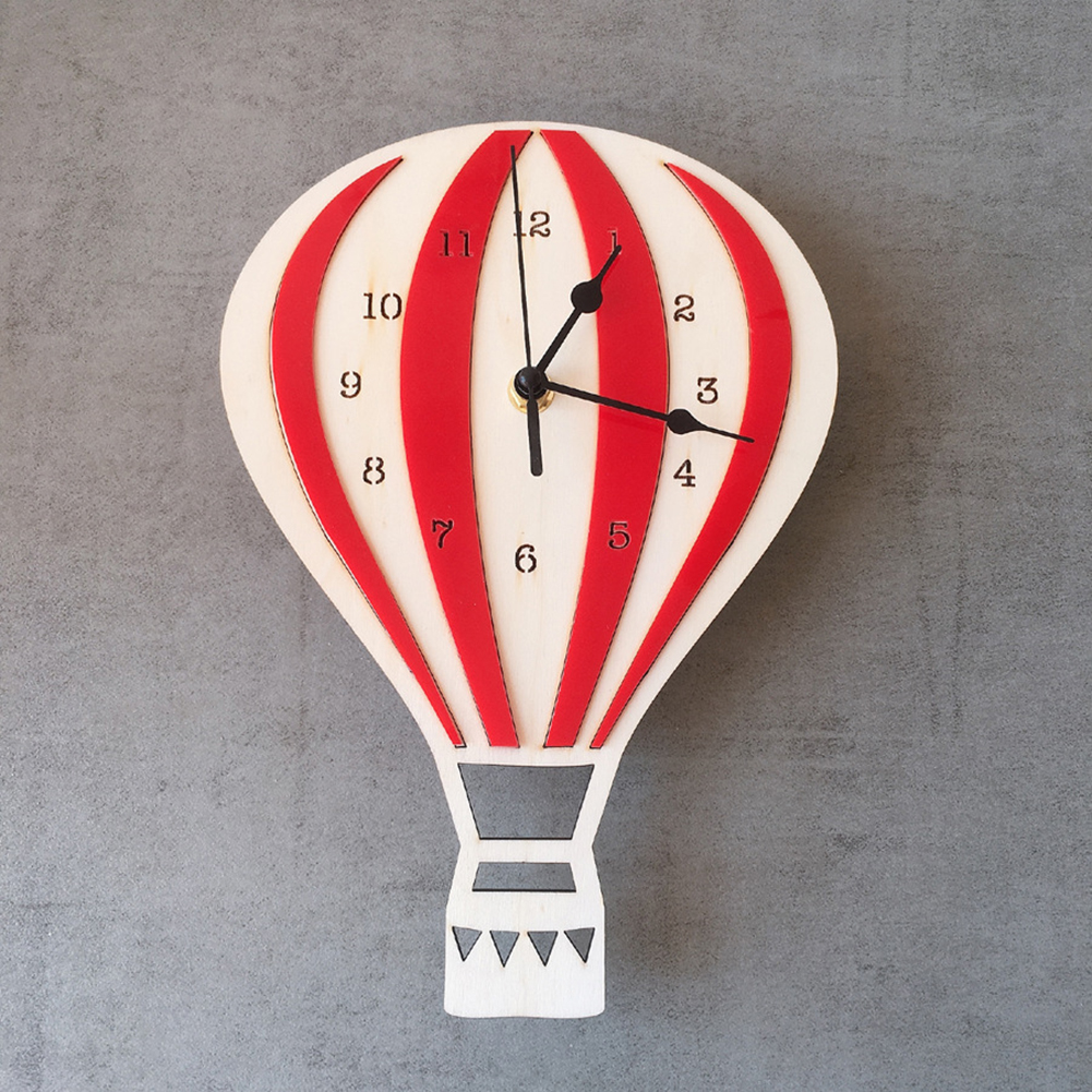 Nordic Style Hot Air Balloon Shape Wall Hanging Clock Wooden Mute Wall Clock No Battery Powered Kids Bedroom Home Decoration