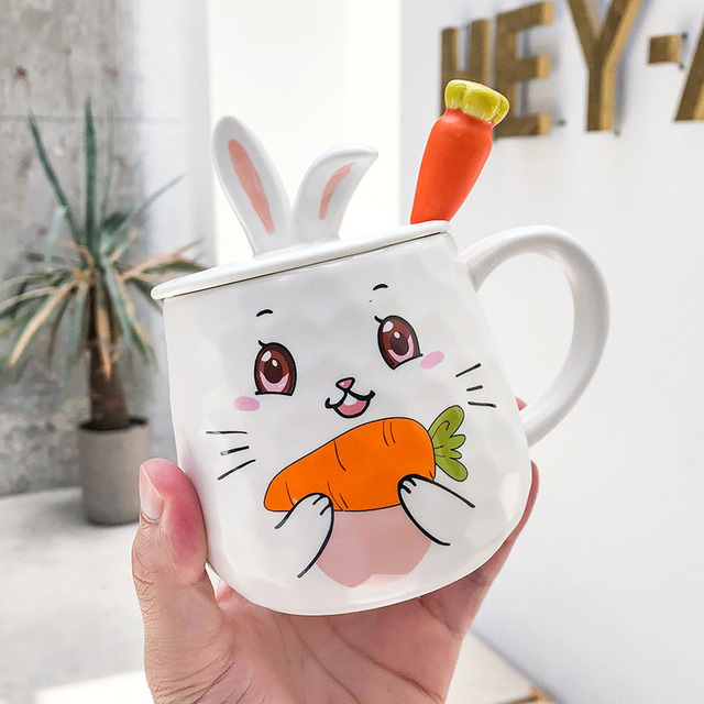 Cartoon radish rabbit Mug with lid spoon hand drawn happy expression cup Drinkware Coffee Tea Cups Novelty Gifts milk cup
