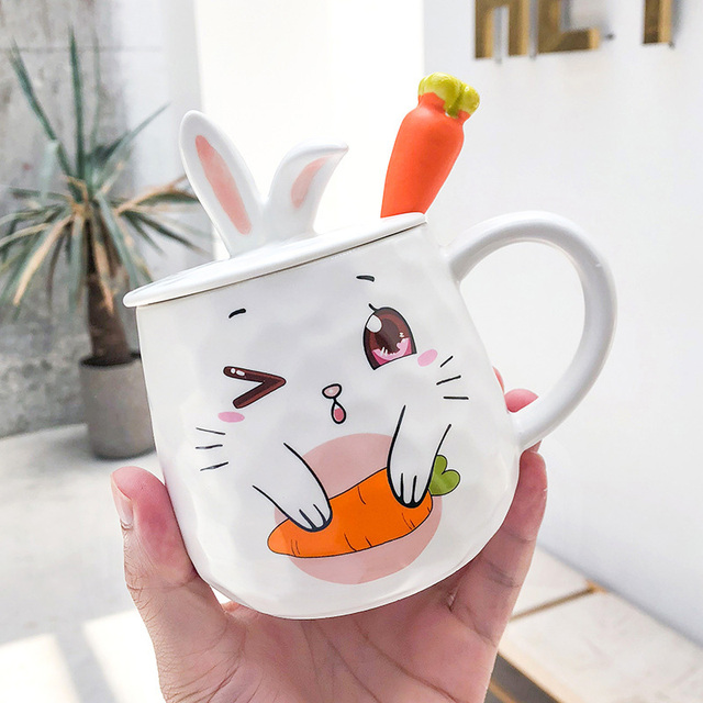 Cartoon radish rabbit Mug with lid spoon hand drawn happy expression cup Drinkware Coffee Tea Cups Novelty Gifts milk cup