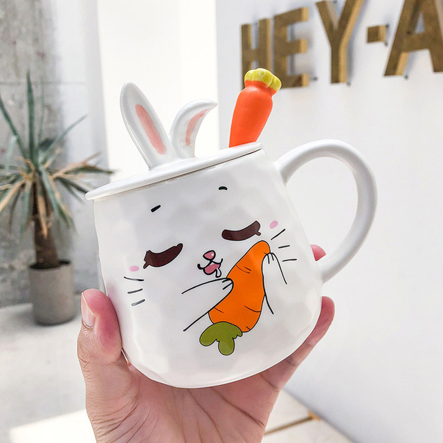 Cartoon radish rabbit Mug with lid spoon hand drawn happy expression cup Drinkware Coffee Tea Cups Novelty Gifts milk cup