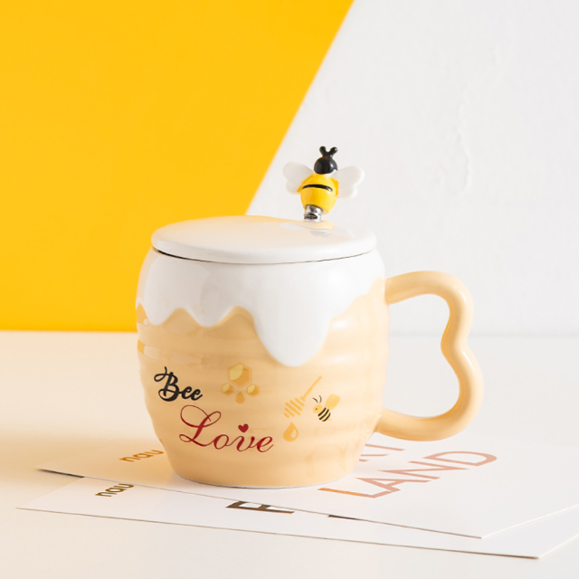Creative ceramic mug with cover lid 400ml cartoon cute Bee Mugs office coffee cup drinking tea cup