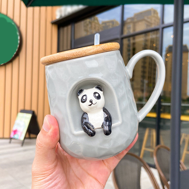 3D relief ceramic Mug with lid spoon personality coffee Mugs spoon animal firewood dog cup teacup