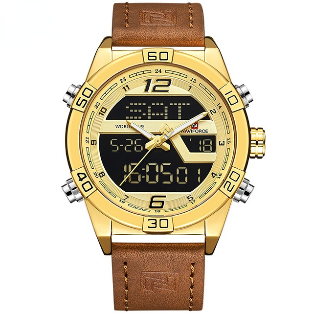 Digital Dual Display Men's Sports Watches Chronograph Quartz Luxury Clock Rose Gold Leather Band Waterproof Wristwatch