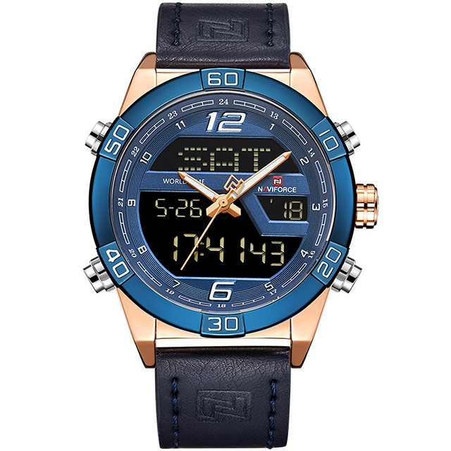 Digital Dual Display Men's Sports Watches Chronograph Quartz Luxury Clock Rose Gold Leather Band Waterproof Wristwatch
