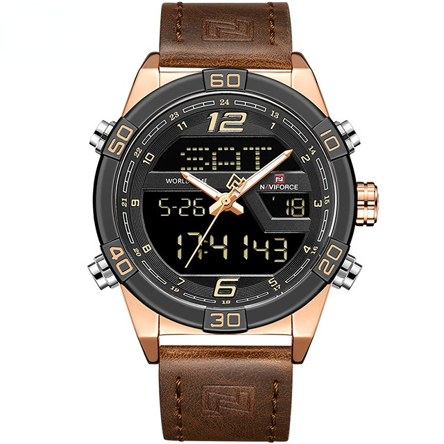 Digital Dual Display Men's Sports Watches Chronograph Quartz Luxury Clock Rose Gold Leather Band Waterproof Wristwatch