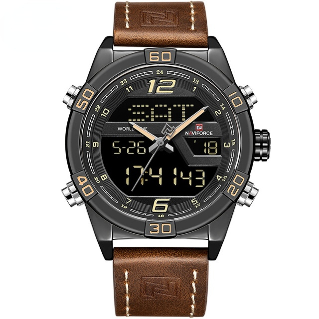 Digital Dual Display Men's Sports Watches Chronograph Quartz Luxury Clock Rose Gold Leather Band Waterproof Wristwatch