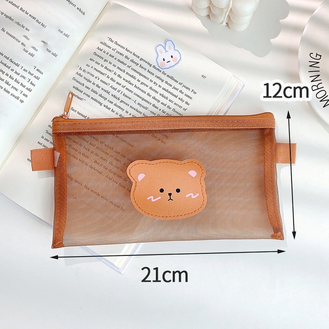 Cartoon Bear Pencil Bag Korean Pencil Case Organizer Mesh Design Cosmetic Bag Storage