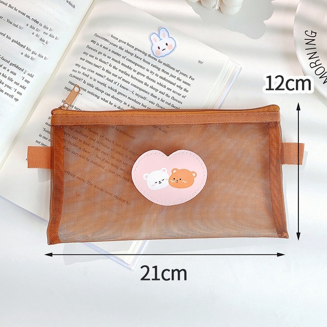 Cartoon Bear Pencil Bag Korean Pencil Case Organizer Mesh Design Cosmetic Bag Storage