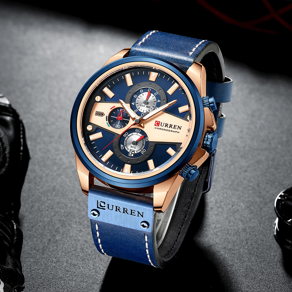 Man Watches Fashion Casual Quartz Sport Watch Wristwatches Blue Clock Male Chronograph Leather Watch For Men