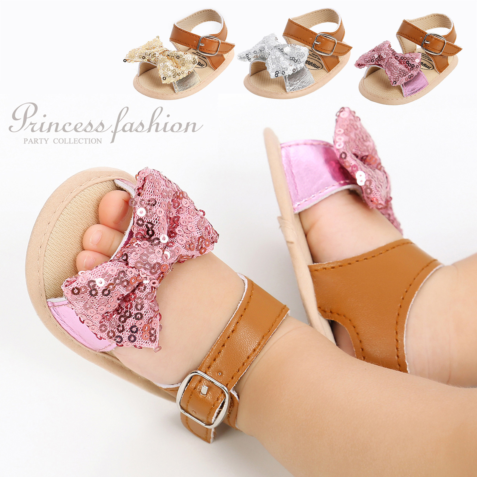0-18 Month Baby Princess Shoes Girls Bling Bowtie Flat Sandals Summer soft sole Shoes Outdoor First Walk Toddler Girls Shoes