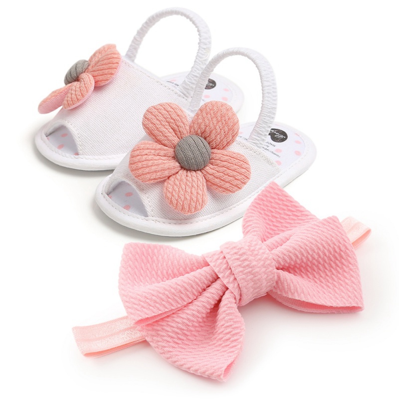 Baby Girls Flower Sandals Bow head band Cute Summer Soft Sole Flat Princess Shoes Infant Non-Slip First Walkers