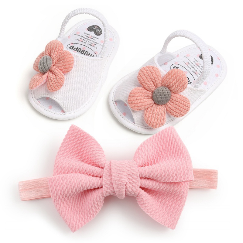 Baby Girls Flower Sandals Bow head band Cute Summer Soft Sole Flat Princess Shoes Infant Non-Slip First Walkers