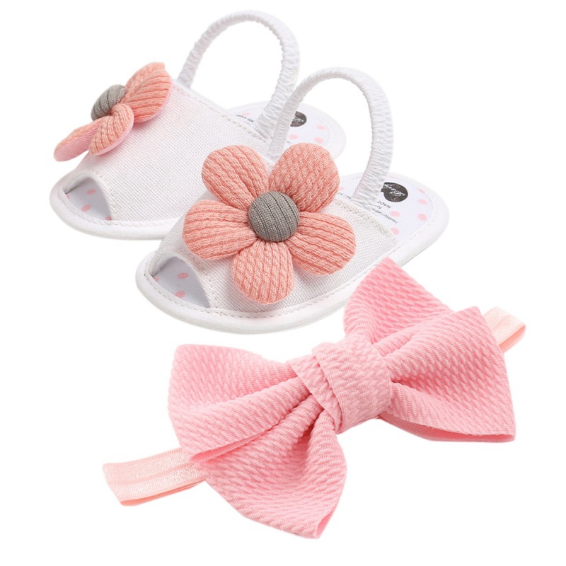 Baby Girls Flower Sandals Bow head band Cute Summer Soft Sole Flat Princess Shoes Infant Non-Slip First Walkers