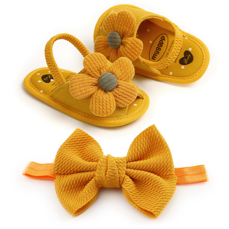 Baby Girls Flower Sandals Bow head band Cute Summer Soft Sole Flat Princess Shoes Infant Non-Slip First Walkers