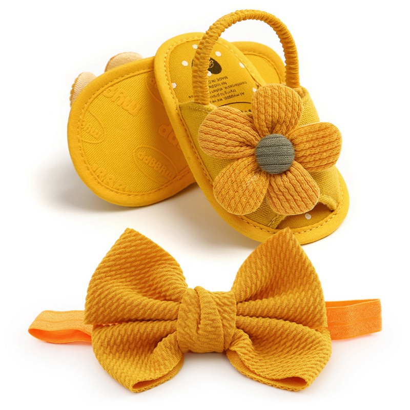 Baby Girls Flower Sandals Bow head band Cute Summer Soft Sole Flat Princess Shoes Infant Non-Slip First Walkers