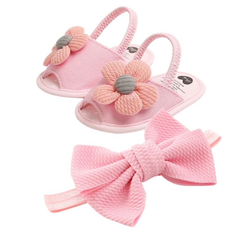 Baby Girls Flower Sandals Bow head band Cute Summer Soft Sole Flat Princess Shoes Infant Non-Slip First Walkers