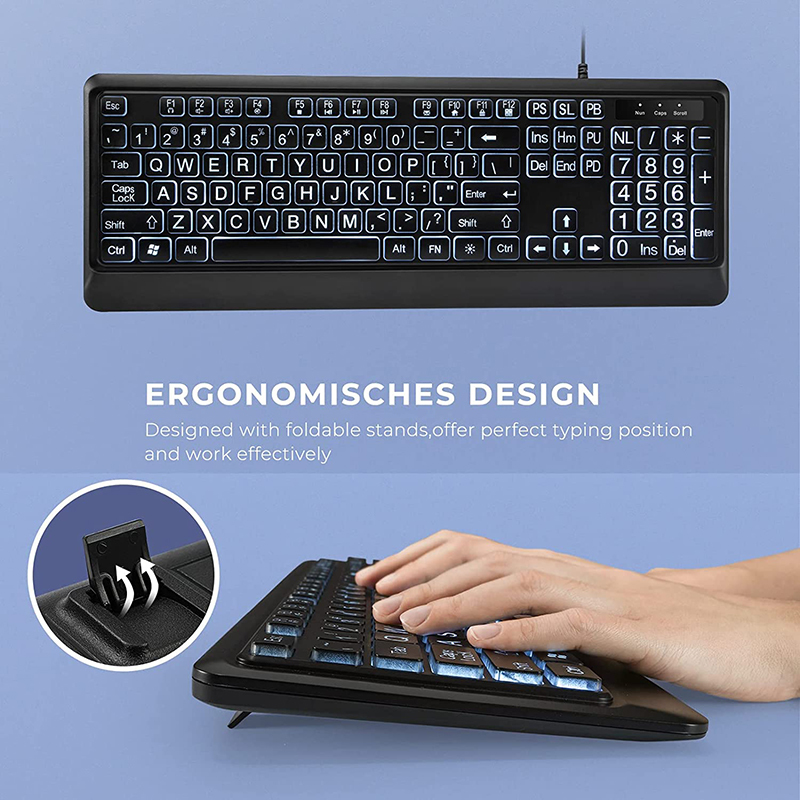 Large Print Backlit Keyboard USB Wired Computer Keyboard Full Size Keyboard