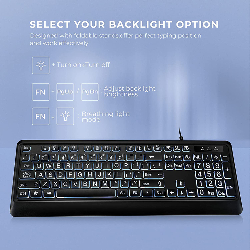 Large Print Backlit Keyboard USB Wired Computer Keyboard Full Size Keyboard
