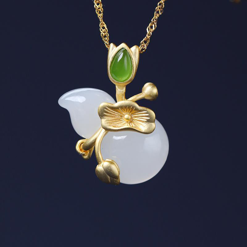 New Style Chinese Style Gilded Craft Lotus Leaf Gourd Jade Pendant Lotus Fluke Continuous Pendant Peace Pendant Birthday Gift Couple Gifts
