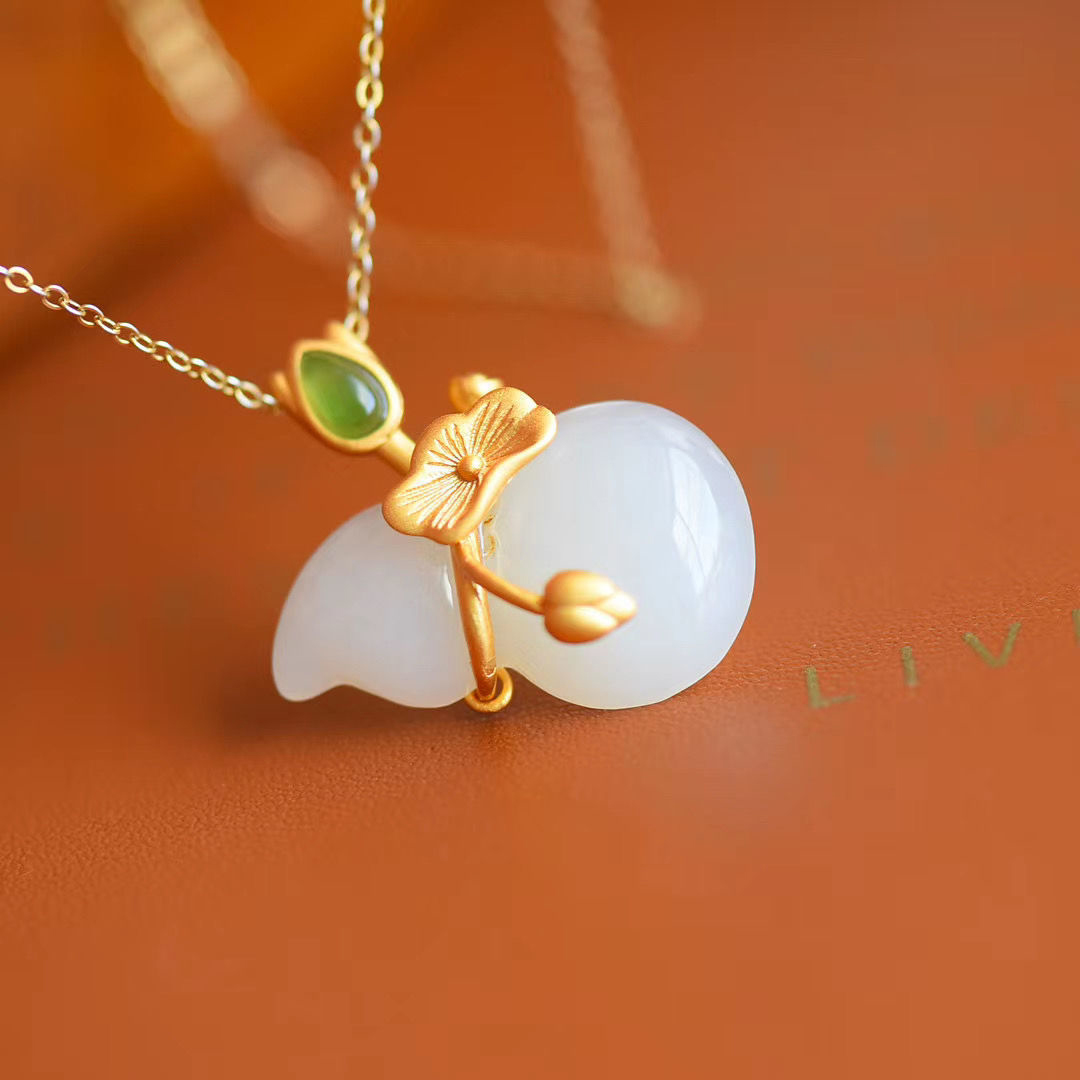 New Style Chinese Style Gilded Craft Lotus Leaf Gourd Jade Pendant Lotus Fluke Continuous Pendant Peace Pendant Birthday Gift Couple Gifts