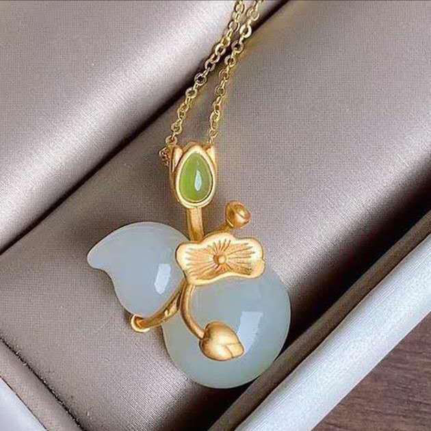 New Style Chinese Style Gilded Craft Lotus Leaf Gourd Jade Pendant Lotus Fluke Continuous Pendant Peace Pendant Birthday Gift Couple Gifts