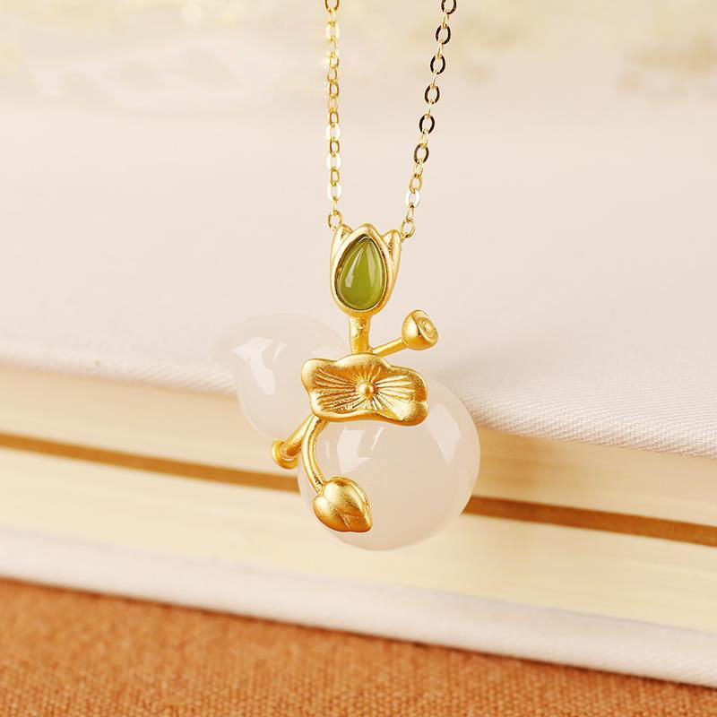 New Style Chinese Style Gilded Craft Lotus Leaf Gourd Jade Pendant Lotus Fluke Continuous Pendant Peace Pendant Birthday Gift Couple Gifts