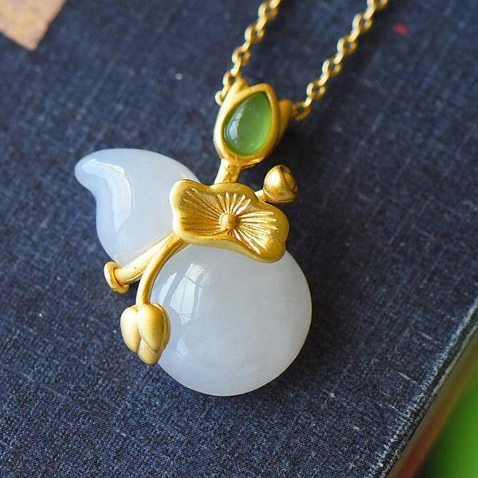 New Style Chinese Style Gilded Craft Lotus Leaf Gourd Jade Pendant Lotus Fluke Continuous Pendant Peace Pendant Birthday Gift Couple Gifts