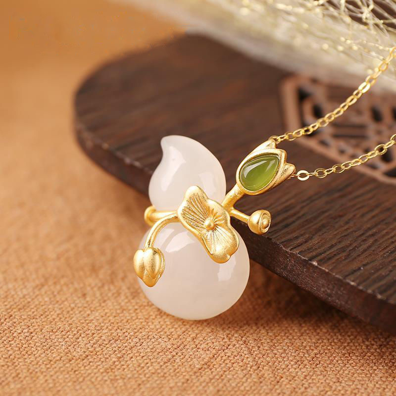New Style Chinese Style Gilded Craft Lotus Leaf Gourd Jade Pendant Lotus Fluke Continuous Pendant Peace Pendant Birthday Gift Couple Gifts