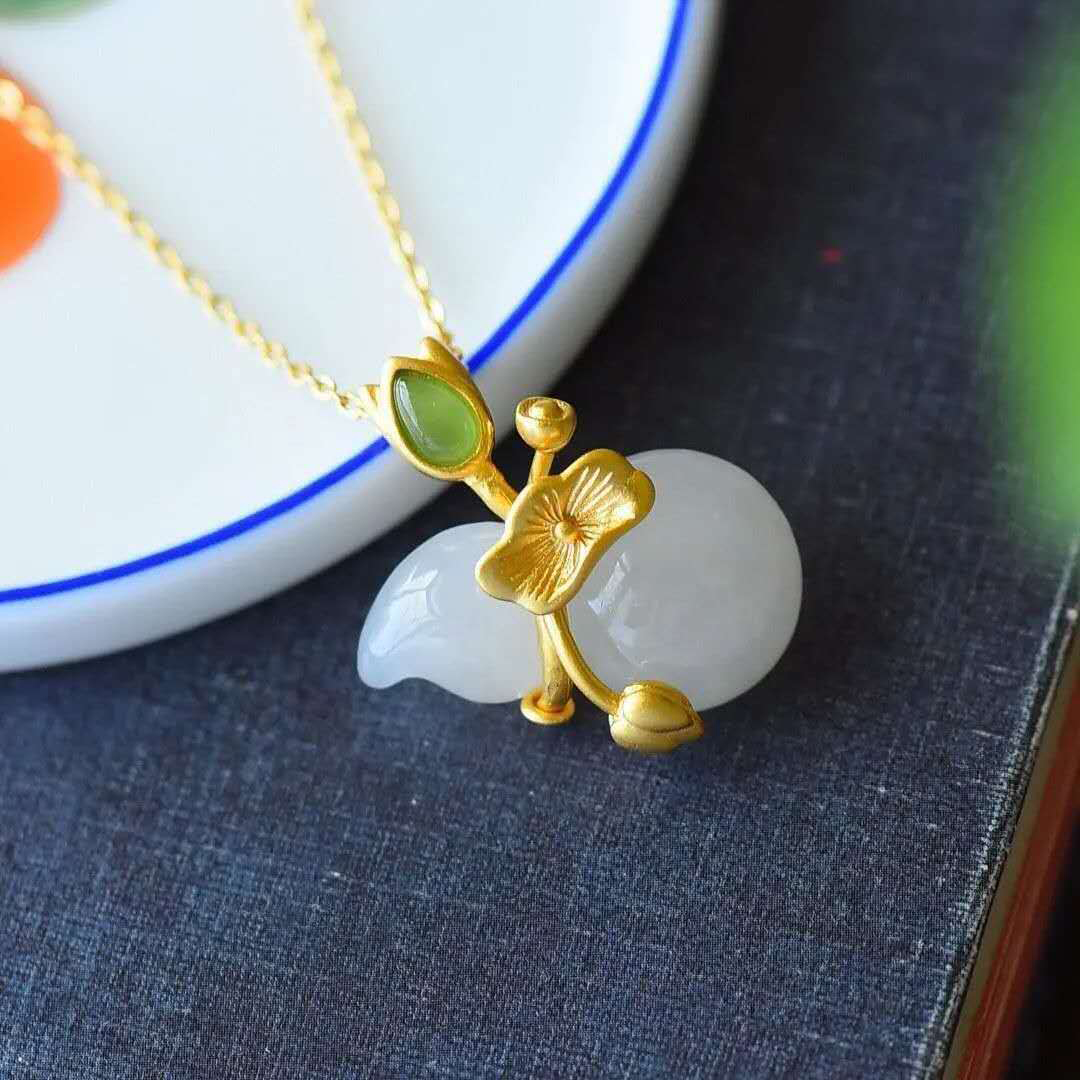 New Style Chinese Style Gilded Craft Lotus Leaf Gourd Jade Pendant Lotus Fluke Continuous Pendant Peace Pendant Birthday Gift Couple Gifts