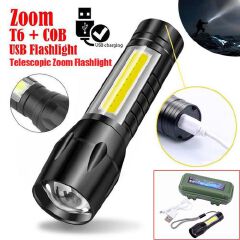 Mini LED Flashlight Telescopic Zoom USB Rechargeable Waterproof COB Torch Lamp Lantern For Outdoor