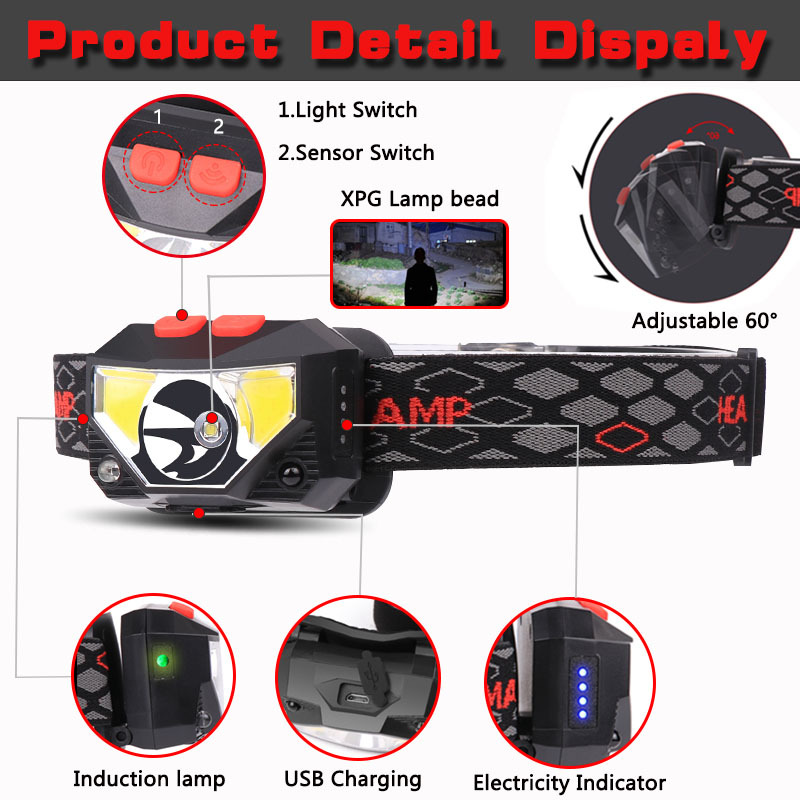 8 Modes  Motion Sensor Powerful LED Headlight headlamp Head Lamp  Flashlight Torch head light For Camping, fishing