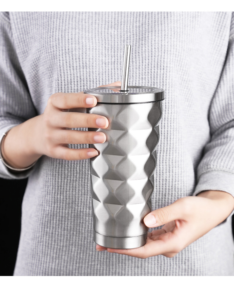 500ML Stainless Steel Diamond Straw Water Cups with Lid Vacuum Insulated Double-Layer Thermos Bottle Creative Travel Coffee Mugs