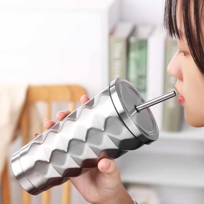 500ML Stainless Steel Diamond Straw Water Cups with Lid Vacuum Insulated Double-Layer Thermos Bottle Creative Travel Coffee Mugs