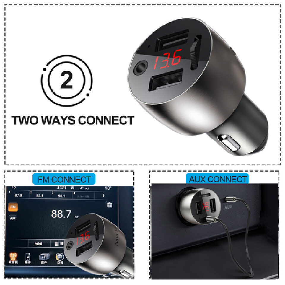 3.5mm AUX Bluetooth 5.0 FM Transmitter Wireless Modulator 4.8A Dual USB Car Charger Handsfree Car MP3 Player Aluminum alloy Body