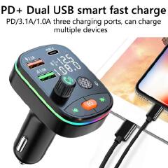 Car Bluetooth 5.0 FM TransmitterPD 20W  Wireless Dual USB  Display Charger Handsfree Music Audio Player With 7-colorful Light