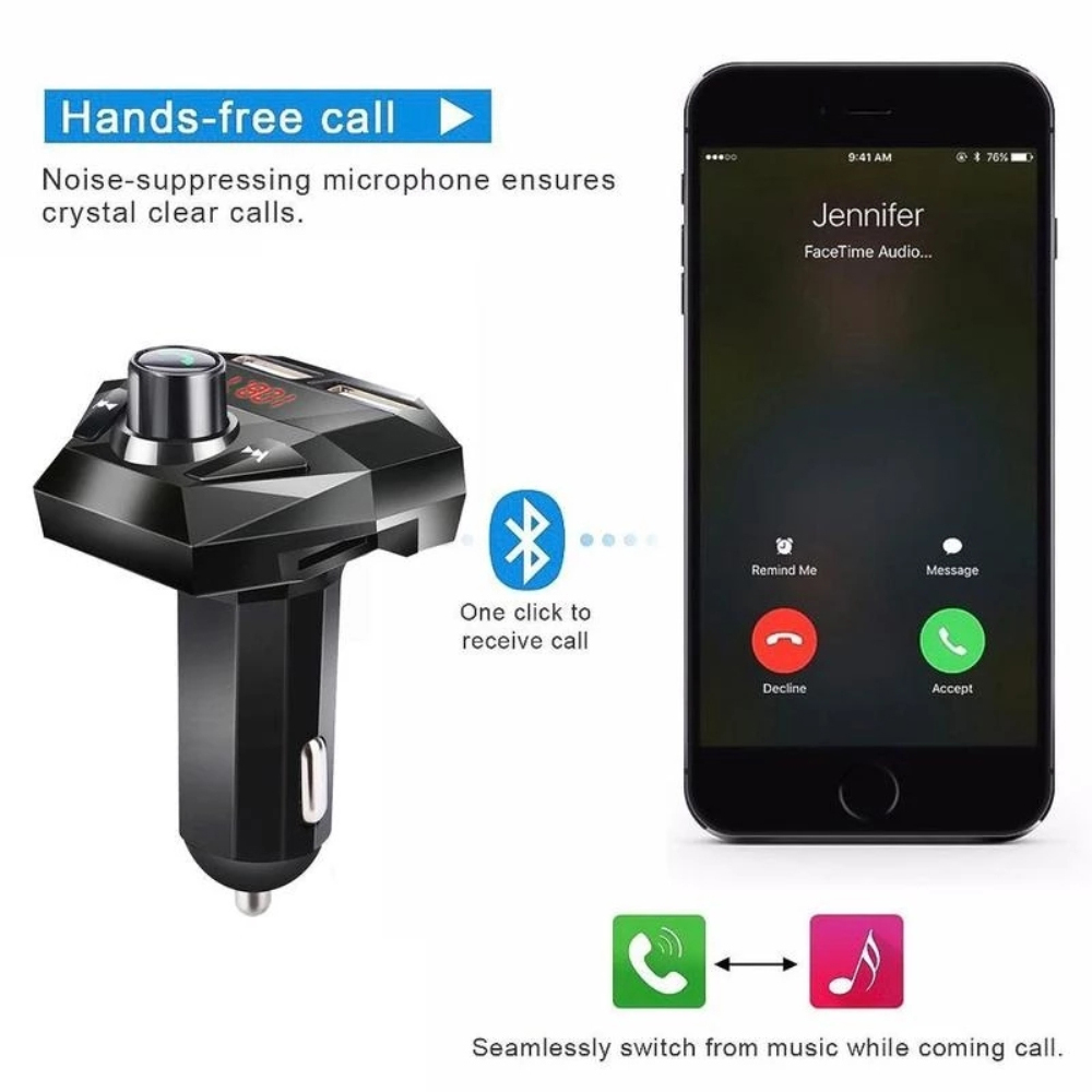 Bluetooth 4.0+EDR FM Transmitter Radio Adapter Noise Canceling Hands Free Car Kit Lossless MP3 Music Player Dual USB Charger