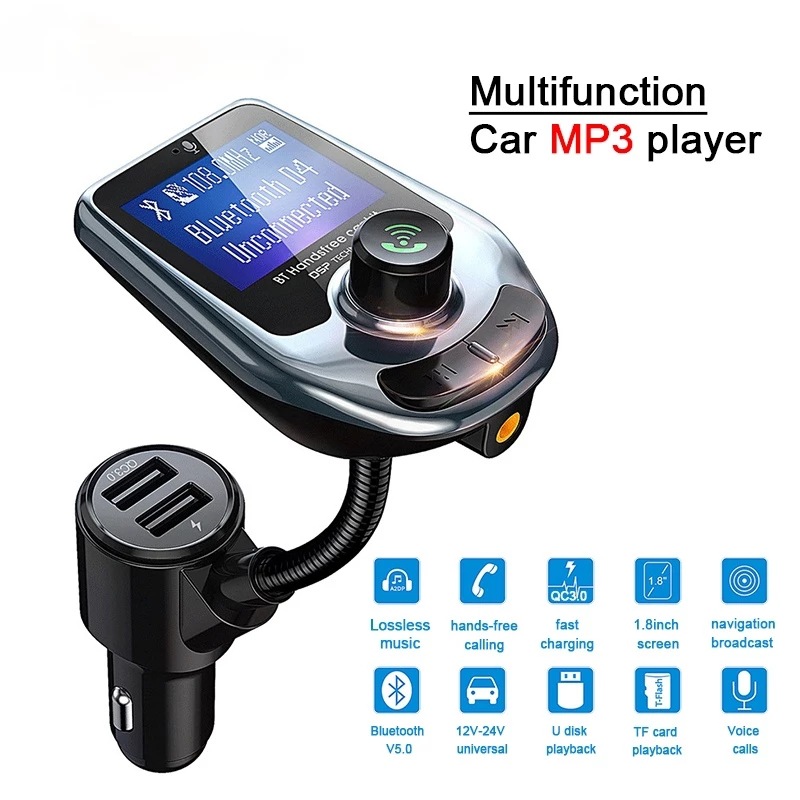 D4 Car Adapter MP3 Player LED Display Q3 Quick Charger Dual USB Connector Bluetooth Hands-free Calls Voice Broadcast