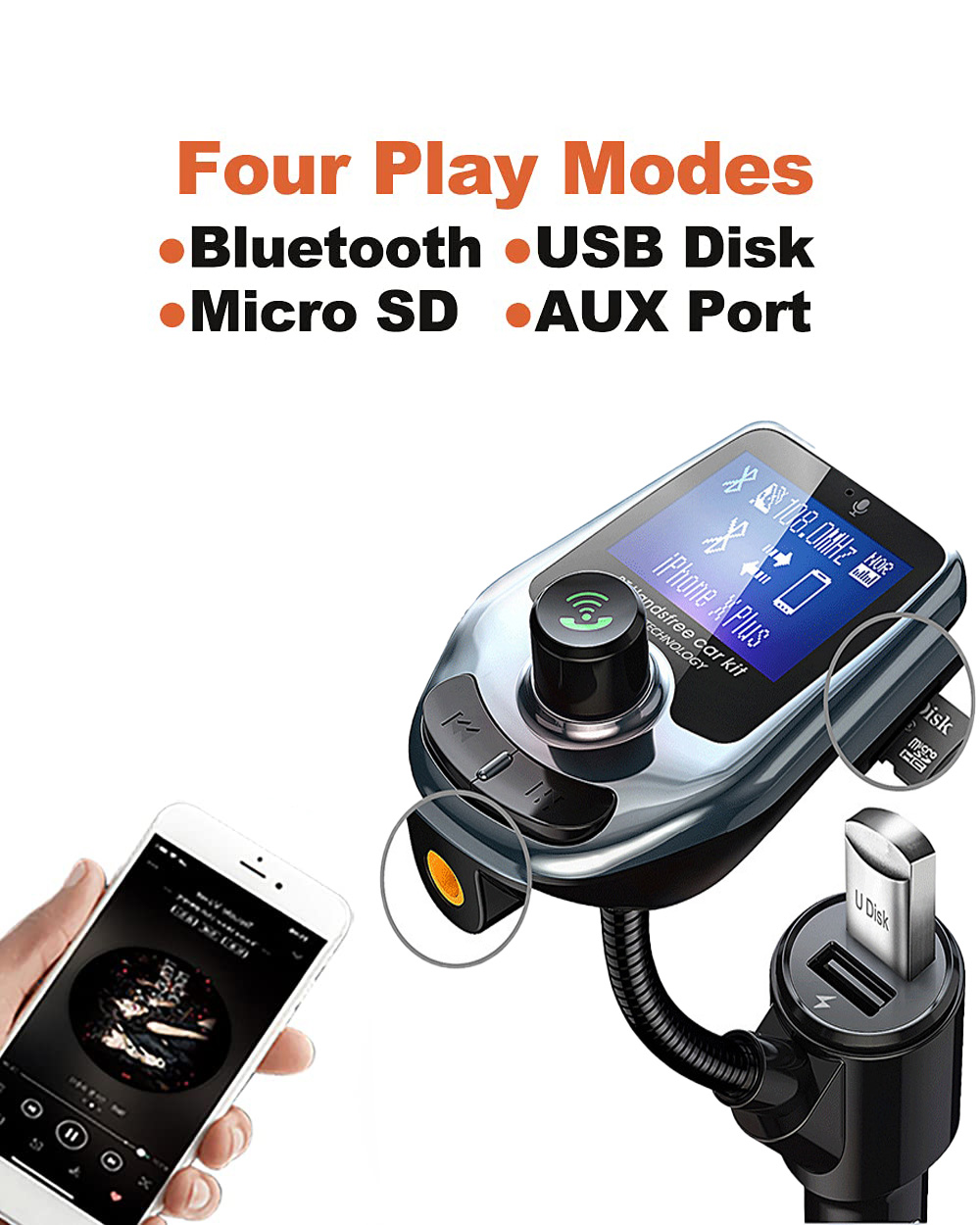 D4 Car Adapter MP3 Player LED Display Q3 Quick Charger Dual USB Connector Bluetooth Hands-free Calls Voice Broadcast