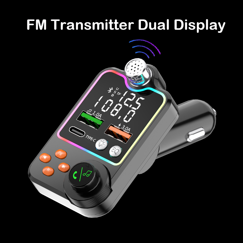 Bluetooth 5.0 Wireless FM Transmitter Dual Display PD Type-C Fast Charging Dual USB Charger Handsfree Car Kit FM Modulator
