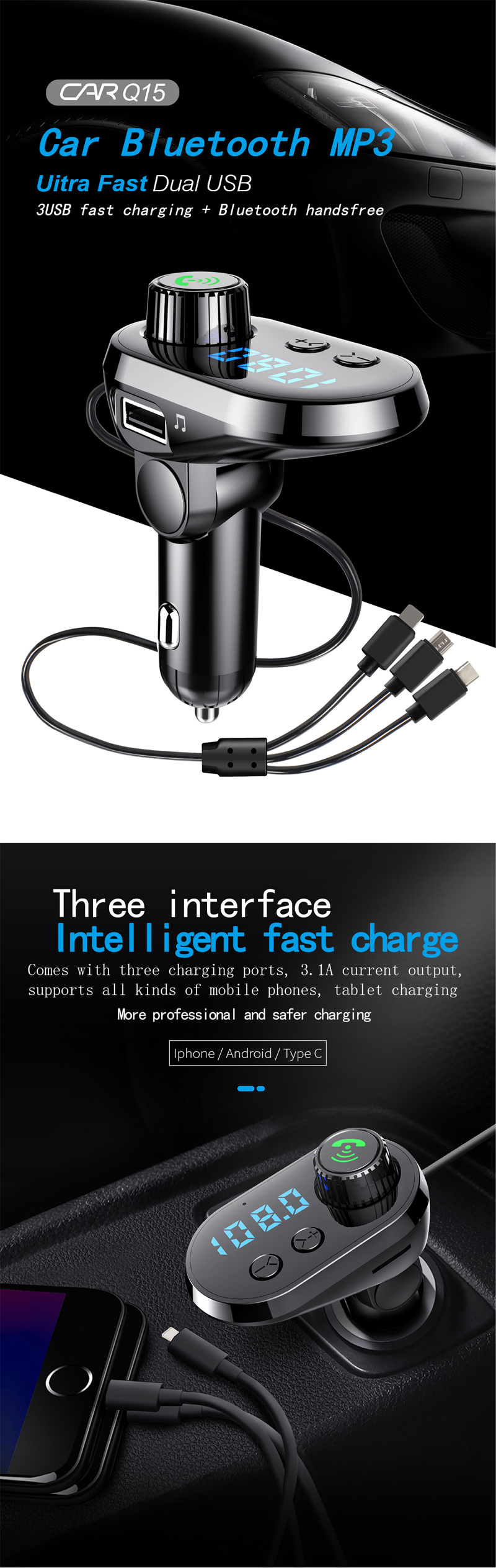 Quick Charge Car Multi Fast Charger Bluetooth Phone Fm Transmitter Car Audio MP3 Player Handsfree